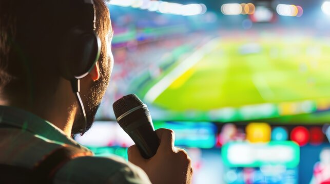 Sports commentator passionately narrating live sports event on television screen, microphone in hand, modern broadcasting studio with clean uncluttered background for copy space.