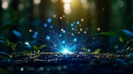 Obraz premium A magic staff radiates beams of light that purify a forest, restoring life and joy – A powerful scene of environmental care and happiness, showcasing magic used for society’s benef
