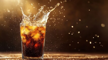 Iced coffee splashing into a glass, capturing the coolness and energy of summer