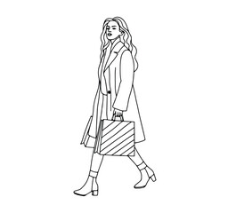 Linear vector black and white illustration with a woman and shopping bags from the Black Friday sale.