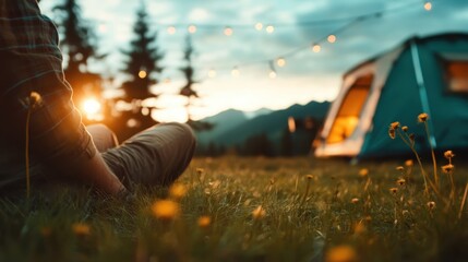 Person relaxing in a green meadow amid vibrant wildflowers next to a campsite bathed in the warm glow of string lights, symbolizing peace and contentment in nature.
