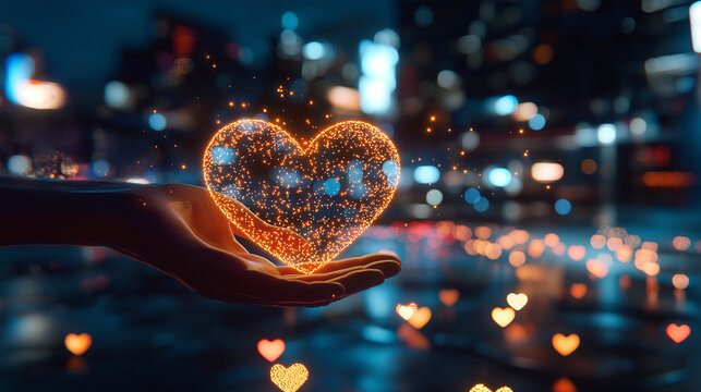 A magician creates a spell of love, and glowing hearts float across a city, spreading joy and kindness &ndash; A heartwarming scene of magic used for the benefit of all, encouraging love