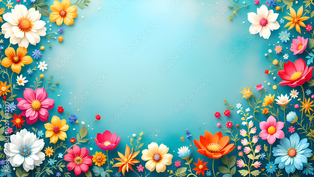 Poster a colorful border of flowers and greenery encircles a turquoise background, creating a visually appe