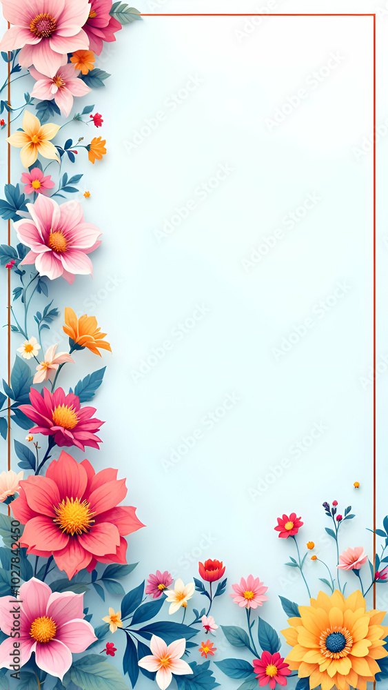 Poster a light blue background with a red vertical line on the right side, decorated with a border of color