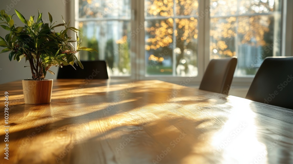 Poster sunlight streams through large windows, casting beautiful reflections and shadows across a polished 