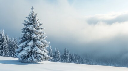 Fototapeta premium Winter scene with a Christmas tree covered in snow