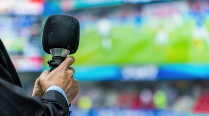 Sports commentator passionately narrating live sports event on television screen, microphone in hand, modern broadcasting studio with clean uncluttered background for copy space.