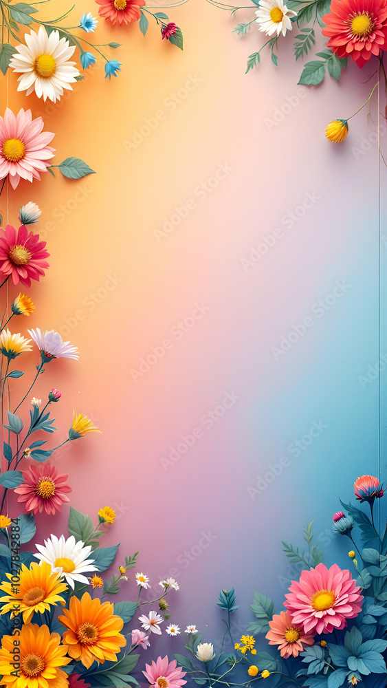 Poster a vertical image featuring a frame of colorful flowers on a pastel pink to blue gradient background,