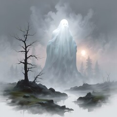 Large ghost shape in foggy landscape.