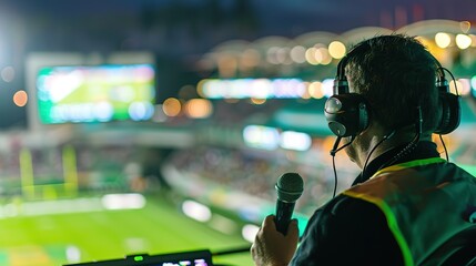 Sports commentator passionately narrating live sports event on television screen, microphone in hand, modern broadcasting studio with clean uncluttered background for copy space.