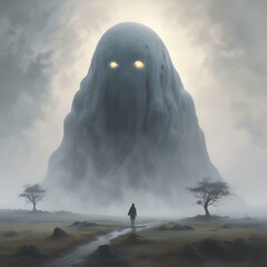 Large ghost shape in foggy landscape.