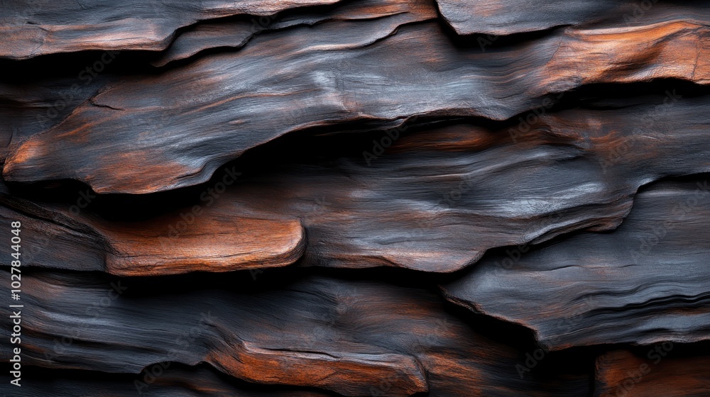 Poster the image portrays a textured surface, featuring irregular layers that mimic the appearance of dark,