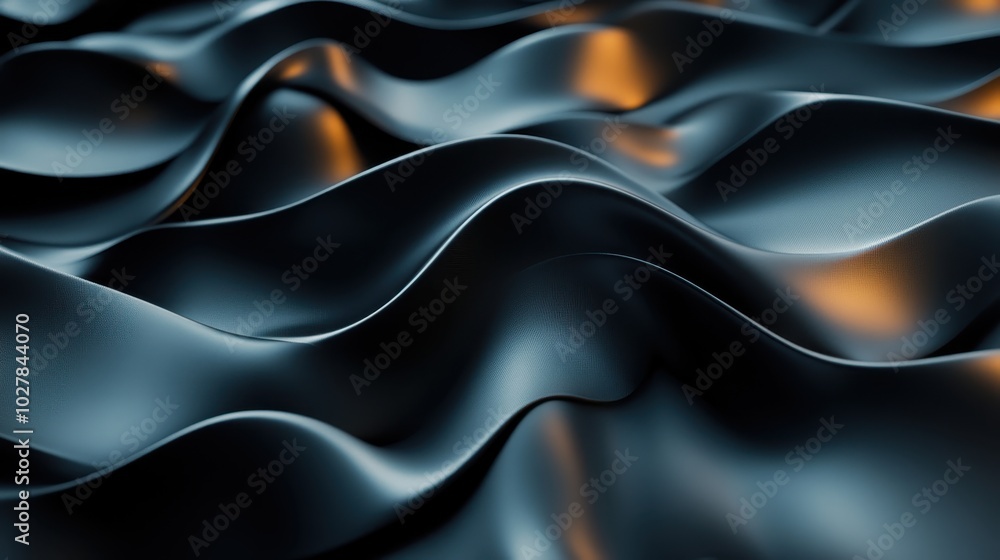 Poster this image shows smooth, metallic waves that appear to undulate gently, reflecting soft glows of lig