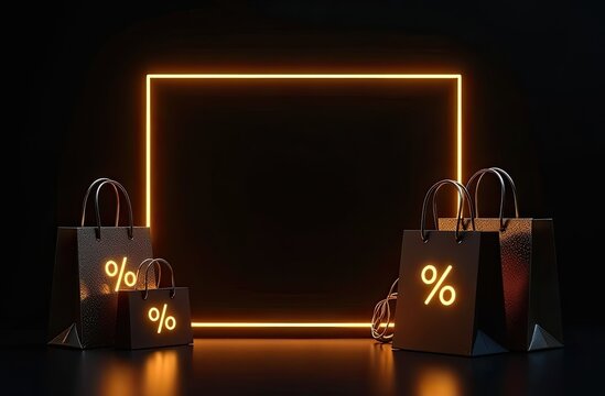 Neon glowing gold frame with space for text, percentage sign, shopping bags on a black background. Shop window for Black Friday, sale, discounts, banner, flyer. 