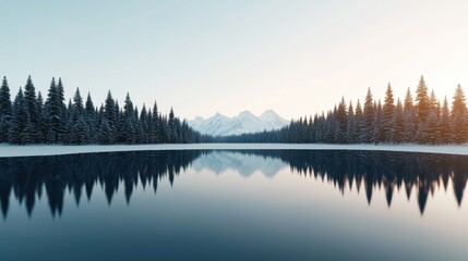 Fototapeta premium Serene winter lake, snow-covered mountains