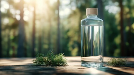 A clear water bottle with a wooden cap sits on a rustic wooden table outdoors, surrounded by lush green forest and sunlight filtering through the trees.