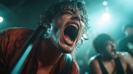 Capture the raw energy and emotion of a live rock concert, showcasing a passionate lead singer performing under dramatic lights, engaging the euphoric audience.