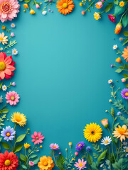 A border of colorful flowers and green leaves surrounds a teal blue background. The flowers are arranged in a symmetrical pattern, creating a beautiful and vibrant frame.