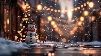 Snowman and deer in festive winter scene.