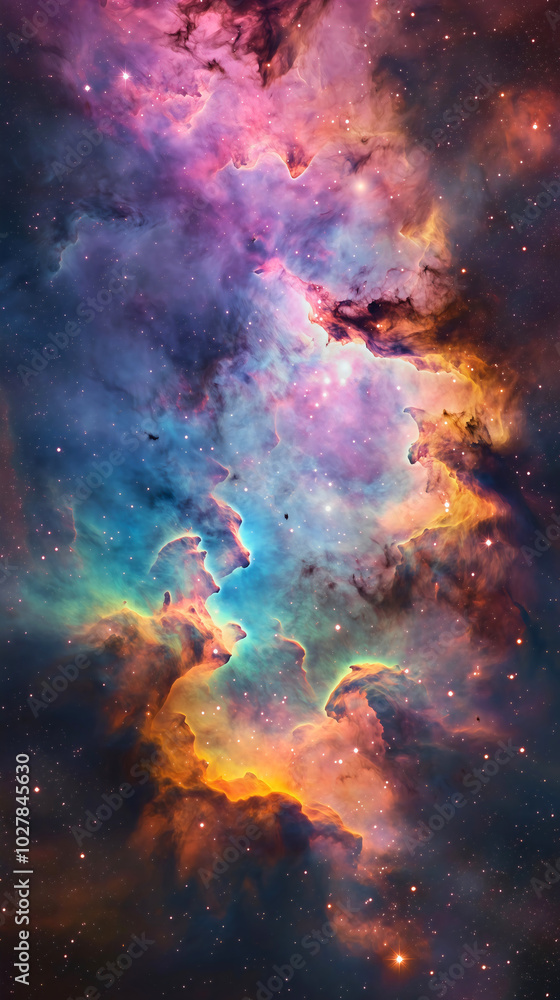 Poster a colorful nebula in various hues somewhere in the universe, with different stars visible through th