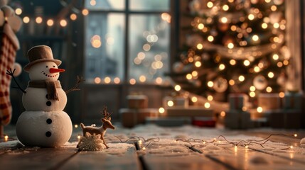 Snowman and reindeer near Christmas tree, cozy