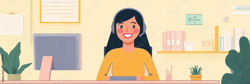 Poster a woman is sitting at a desk with a computer monitor and a keyboard. she is smiling and she is happy