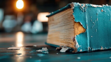 A vintage book with tattered edges and a worn teal cover rests on a rustic wooden table, evocative of nostalgia and the timelessness of printed literature.
