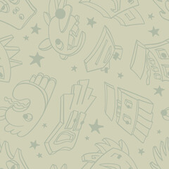 Seamless background with funny faces of anthropomorphic creatures. Humorous characters with different emotion