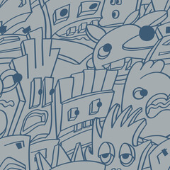 Seamless background with funny faces of anthropomorphic creatures. Humorous characters with different emotion