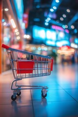 A shopping cart is sitting on the floor in a store. The cart is empty and has a red basket. The store is brightly lit and has a modern feel