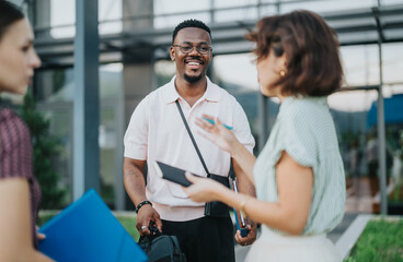 A diverse group of business professionals engaging in conversation outside a modern office...