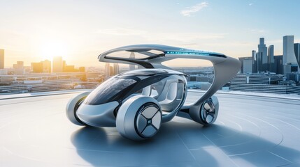 Sleek Electric Air Car Soaring Above Futuristic Cityscape