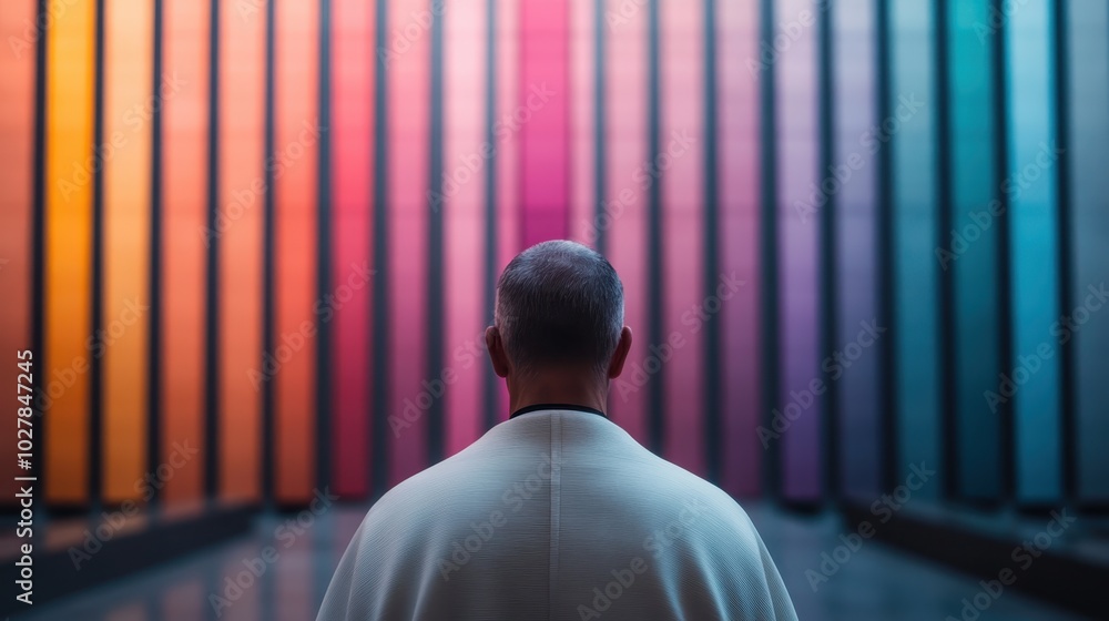 Poster an individual draped in a robe stands before vibrant multicolored panels, suggesting themes of diver