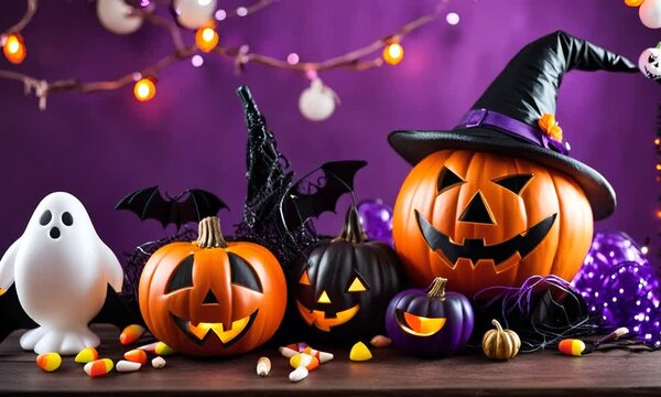 Festive Halloween decorations featuring carved pumpkins, spooky ghosts, and vibrant colors in a cozy setting