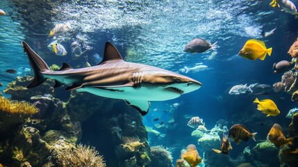 Predator and Prey: A shark hunting through a school of fish.