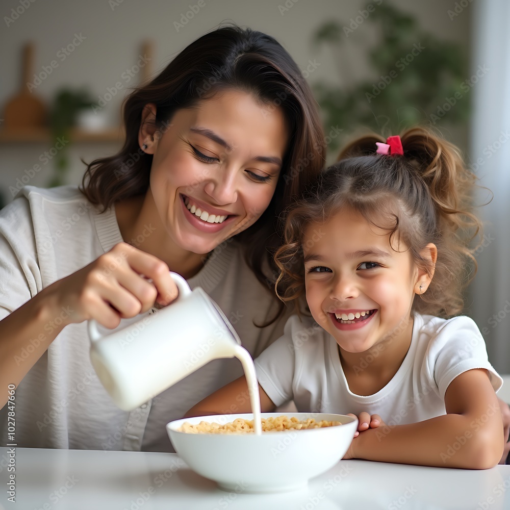 Wall mural smiling mother and daughter having breakfast