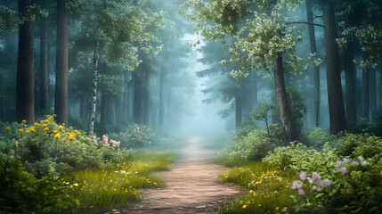 Obraz premium A tranquil forest pathway surrounded by lush greenery and vibrant wildflowers during a misty morning in nature