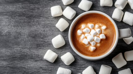 A comforting cup of steaming hot cocoa topped with mini marshmallows, perfect for a cozy moment of warmth and relaxation on a chilly day, lies invitingly.