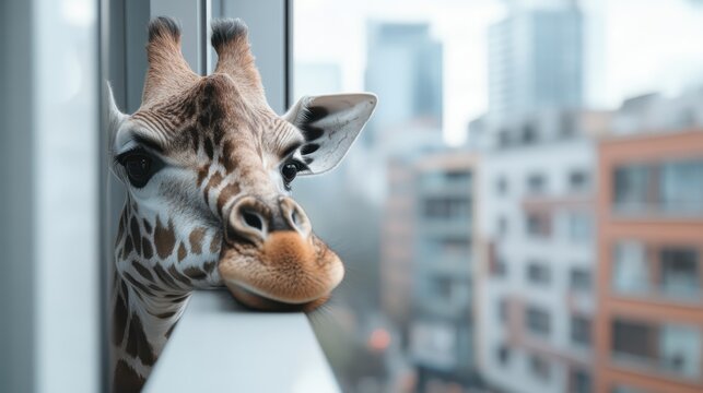 A giraffe leans against a glass barrier, gazing at a bustling city in the background, creating a unique juxtaposition of serene wildlife amidst urban life.