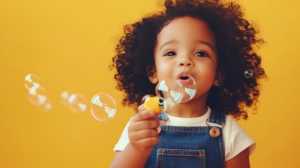 Portrait of a charming little black girl with curly hair in overalls, playfully blowing bubbles, her eyes sparkling with delight.
