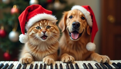 Portrait of a happy ginger cat and a Golden Retriever dog wearing Santa hat playing piano together in Christmas Day 