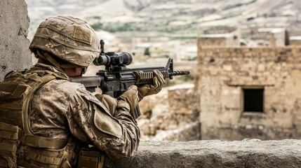 Fototapeta premium Precision Strike: A soldier prepares to fire a precision shot from a sniper rifle.