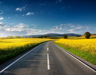 empty asphalt road and floral field of yellow flowers summer spring autumn background