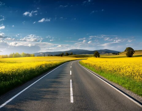 empty asphalt road and floral field of yellow flowers summer spring autumn background