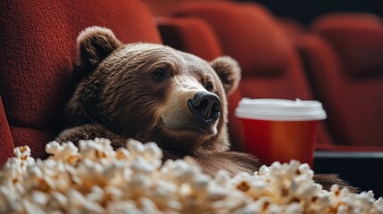 A relaxed bear sits comfortably in a cinema chair, enjoying a tub of popcorn with a large drink, capturing a humorous and whimsical moment of leisure and indulgence.