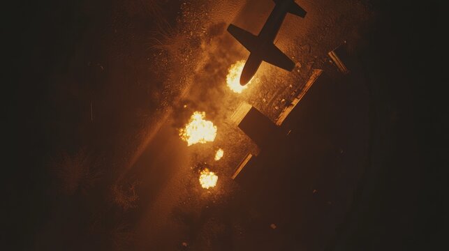 Fiery Aerial Assault - A fighter jet unleashes a devastating barrage of bombs over a war-torn city at night, creating a fiery inferno and illuminating the dark sky.