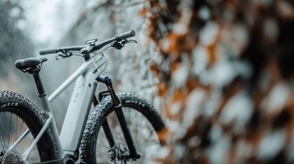 A sleek bicycle rests against a leaf-covered stone wall, drenched from recent rain, evoking a sense of calm and adventurous spirit in an autumn setting.