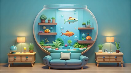 Cartoon Fish Tank with Sofa and Side Tables in a Room