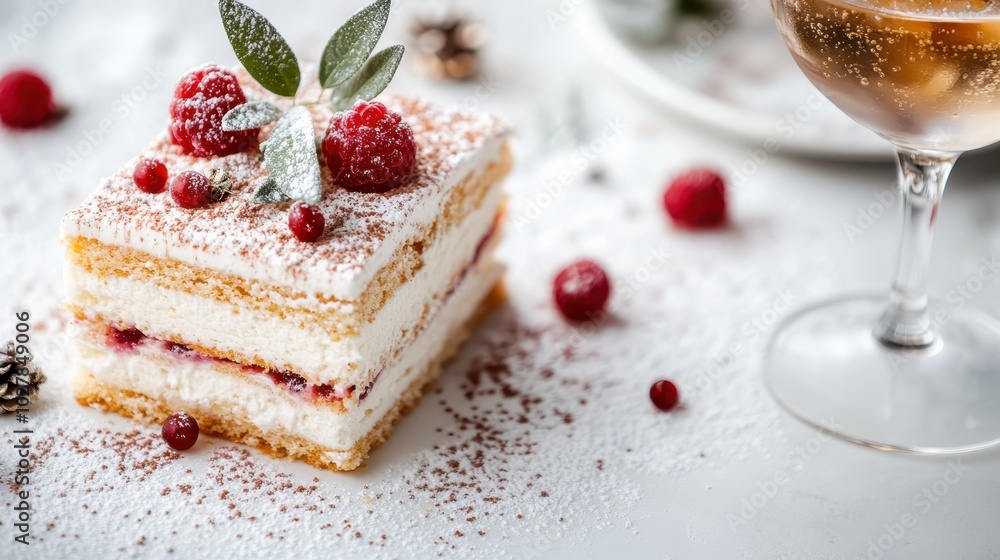 Poster a tempting slice of raspberry and vanilla cake, layered with creamy frosting and dusted with powdere