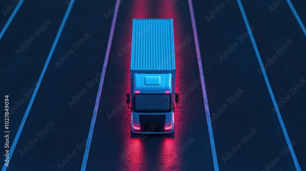 Wall mural truck on dark road with neon lights